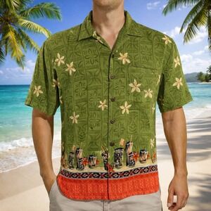 Weekend Traffic Hawaiian Aloha‎ Shirt Medium Tiki Tribal Floral Green Orange